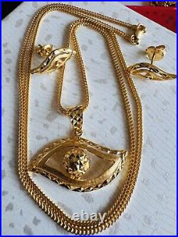 22C 22K Solid 916 Real Gold Dubai Lucky Eyes Set Earring Necklace 20 Long 11.6g