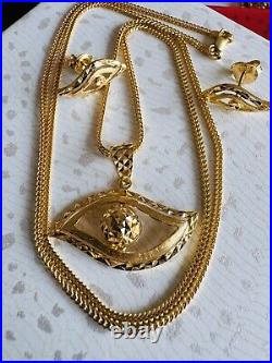 22C 22K Solid 916 Real Gold Dubai Lucky Eyes Set Earring Necklace 20 Long 11.6g