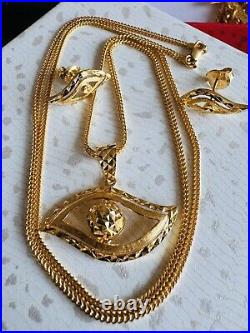 22C 22K Solid 916 Real Gold Dubai Lucky Eyes Set Earring Necklace 20 Long 11.6g