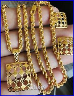 22C 22K Solid 916 Real Gold Dubai Rectangle Shape Earring Necklace 20 Long 8.3g