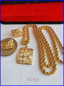 22C 22K Solid 916 Real Gold Dubai Rectangle Shape Earring Necklace 20 Long 8.3g