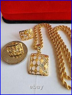 22C 22K Solid 916 Real Gold Dubai Rectangle Shape Earring Necklace 20 Long 8.3g