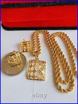 22C 22K Solid 916 Real Gold Dubai Rectangle Shape Earring Necklace 20 Long 8.3g