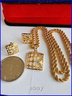 22C 22K Solid 916 Real Gold Dubai Rectangle Shape Earring Necklace 20 Long 8.3g