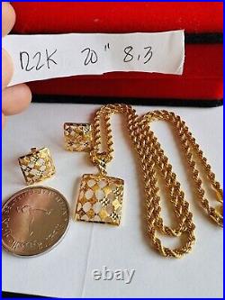 22C 22K Solid 916 Real Gold Dubai Rectangle Shape Earring Necklace 20 Long 8.3g