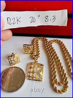 22C 22K Solid 916 Real Gold Dubai Rectangle Shape Earring Necklace 20 Long 8.3g