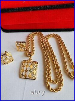 22C 22K Solid 916 Real Gold Dubai Rectangle Shape Earring Necklace 20 Long 8.3g