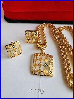 22C 22K Solid 916 Real Gold Dubai Rectangle Shape Earring Necklace 20 Long 8.3g