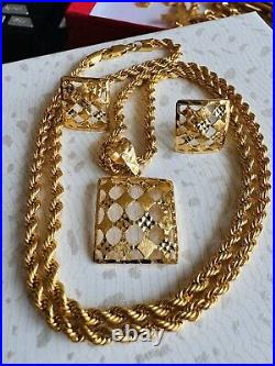 22C 22K Solid 916 Real Gold Dubai Rectangle Shape Earring Necklace 20 Long 8.3g