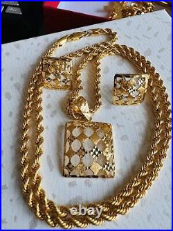 22C 22K Solid 916 Real Gold Dubai Rectangle Shape Earring Necklace 20 Long 8.3g