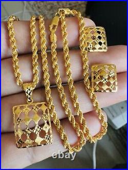 22C 22K Solid 916 Real Gold Dubai Rectangle Shape Earring Necklace 20 Long 8.3g