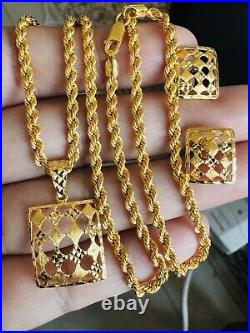 22C 22K Solid 916 Real Gold Dubai Rectangle Shape Earring Necklace 20 Long 8.3g