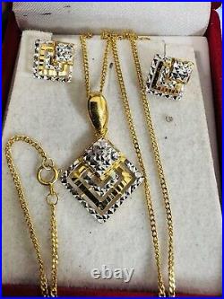 22CT 22K Solid 916 Dubai Gold Diamond Shape Earring Necklace 20 Long 8.8g 1.2mm