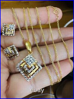 22CT 22K Solid 916 Dubai Gold Diamond Shape Earring Necklace 20 Long 8.8g 1.2mm