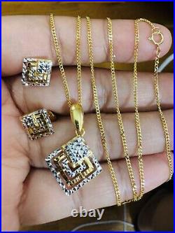 22CT 22K Solid 916 Dubai Gold Diamond Shape Earring Necklace 20 Long 8.8g 1.2mm