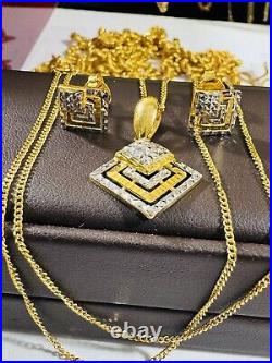 22CT 22K Solid 916 Dubai Gold Diamond Shape Earring Necklace 20 Long 8.8g 1.2mm