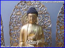 22China Pure Bronze 24K Gold Three Saints of the West Ru Lai Buddha Statue Set