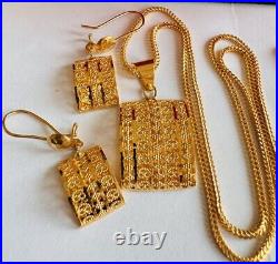 22K 916 22C Fine Real Gold 20 Long Unique Rectangle Earring & Necklace 12.4g