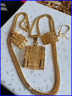 22K 916 22C Fine Real Gold 20 Long Unique Rectangle Earring & Necklace 12.4g