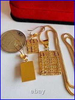 22K 916 22C Fine Real Gold 20 Long Unique Rectangle Earring & Necklace 12.4g