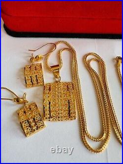 22K 916 22C Fine Real Gold 20 Long Unique Rectangle Earring & Necklace 12.4g