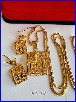 22K 916 22C Fine Real Gold 20 Long Unique Rectangle Earring & Necklace 12.4g