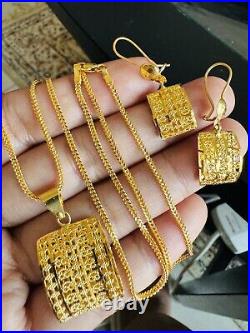 22K 916 22C Fine Real Gold 20 Long Unique Rectangle Earring & Necklace 12.4g