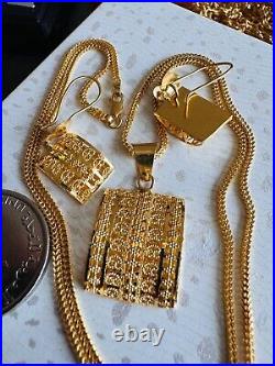 22K 916 22C Fine Real Gold 20 Long Unique Rectangle Earring & Necklace 12.4g