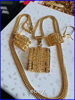 22K 916 22C Fine Real Gold 20 Long Unique Rectangle Earring & Necklace 12.4g