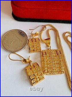 22K 916 22C Fine Real Gold 20 Long Unique Rectangle Earring & Necklace 12.4g