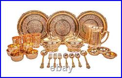 26 Pcs Pure Brass Luxury Dinner Set, Engraved Design Plate Bowl Spoon Glass Fork