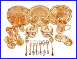 26 Pcs Pure Brass Luxury Dinner Set, Engraved Design Plate Bowl Spoon Glass Fork