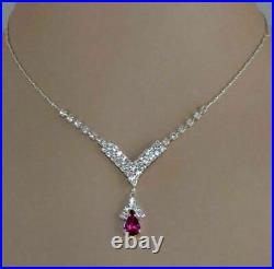2Ct Pear Cut Red Ruby Lab Created Women Necklace Set 14K White Gold Plated