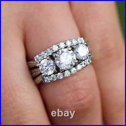 2Ct Round Cut Real Moissanite Bridal Set Engagement Ring 14K White Gold Plated