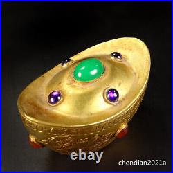 3.6 China antique copper pure copper gilt hand-set gemstones Gold ingot