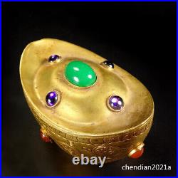 3.6 China antique copper pure copper gilt hand-set gemstones Gold ingot