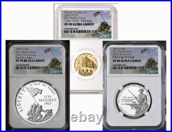 3 Coin Set 2025-W Proof $5, $1 50c US Marine Corps Gold Silver 250th NGC PF70