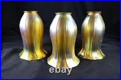 3 Quezal Shades, Beautiful Iridescent Gold Matched Set, Etched Signature PERFECT