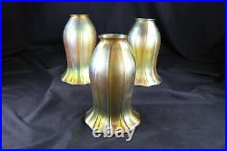 3 Quezal Shades, Beautiful Iridescent Gold Matched Set, Etched Signature PERFECT