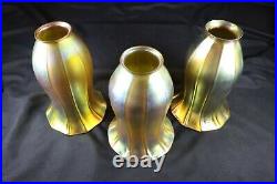 3 Quezal Shades, Beautiful Iridescent Gold Matched Set, Etched Signature PERFECT