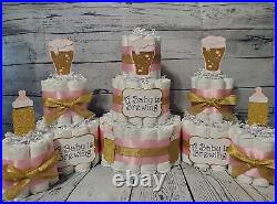 3 Tier Diaper Cake and sets A Baby is Brewing Baby Shower Black Gold Pink Blue