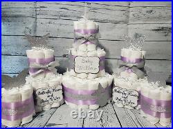 3 Tier Diaper Cake and sets Butterfly Kisses Baby Wishes Purple Silver Gold