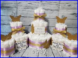 3 Tier Diaper Cake and sets Butterfly Kisses Baby Wishes Purple Silver Gold