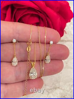 4ct Diamond Jewelry Set Solid 18k Yellow Gold Pear Diamond Pendant Earring SET