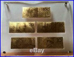 $5-$100 Australian Polymer Banknote Pure Gold Framed Set. Stunning Item. Scarce