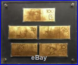 $5-$100 Australian Polymer Banknote Pure Gold Framed Set. Stunning Item. Scarce