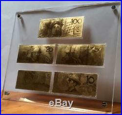 $5-$100 Australian Polymer Banknote Pure Gold Framed Set. Stunning Item. Scarce