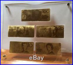 $5-$100 Australian Polymer Banknote Pure Gold Framed Set. Stunning Item. Scarce