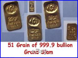 51 Grain Gr. 24k Pure 999.9 Fine Certified Gold Bar Bullion Grand Slam Set