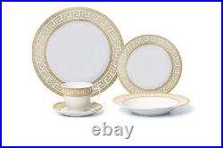 57 Piece Euro Porcelain Gold Greek Key Fine China Dinner Set for 8 Peron White